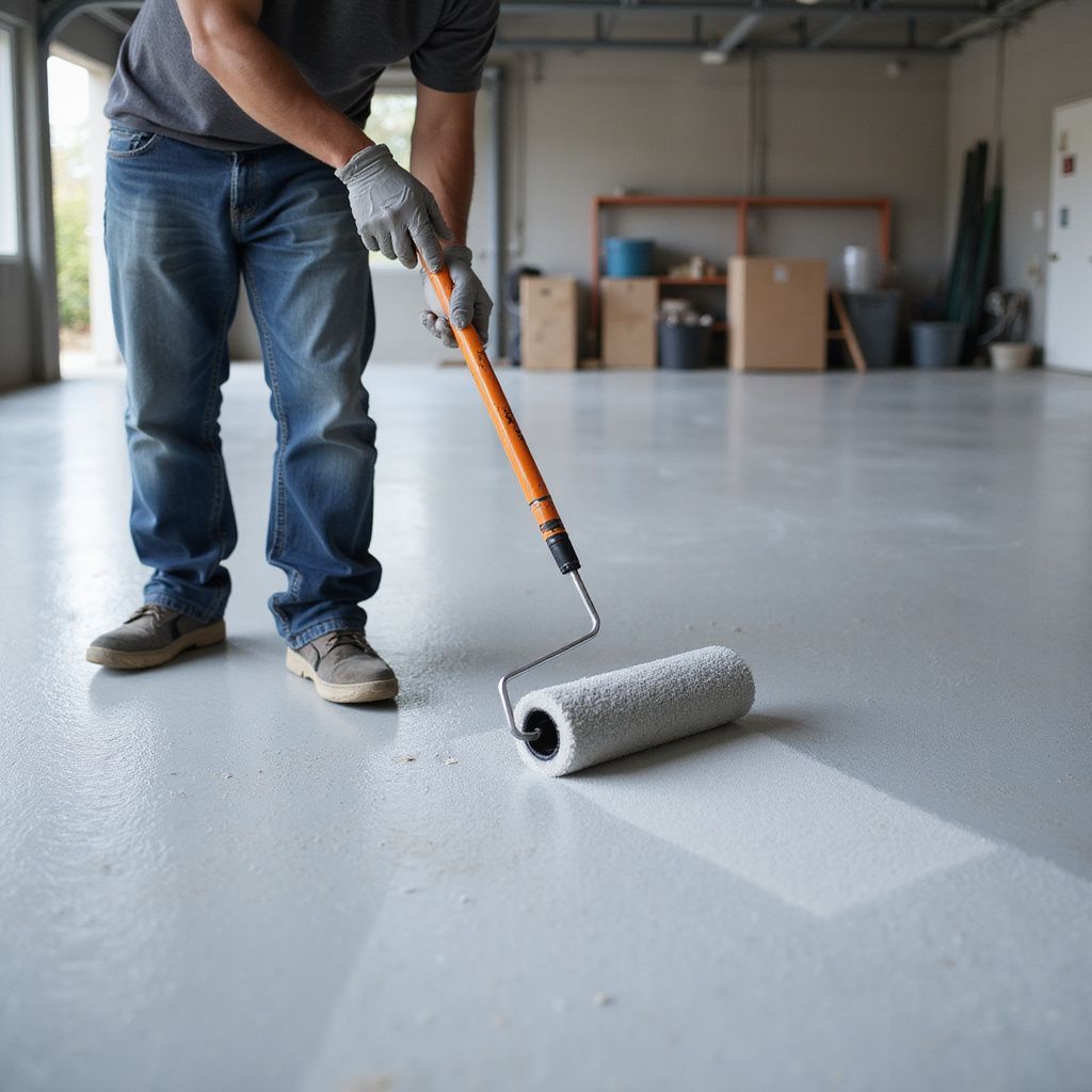 Person in a garage painting floor with a roller, wearing jeans, gloves, and work boots.