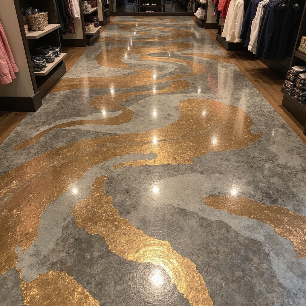 Polished concrete floor with gold and gray wave patterns in a clothing store.