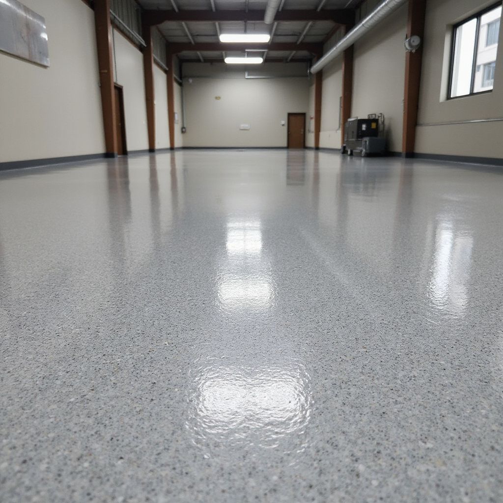 Empty industrial space with a shiny gray speckled epoxy floor.