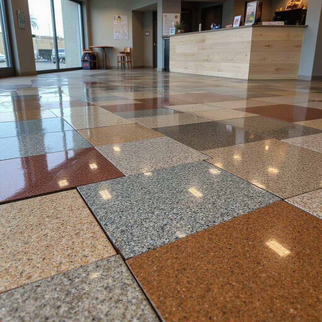 Multi-colored tile flooring in a brightly lit lobby with a reception desk and windows.