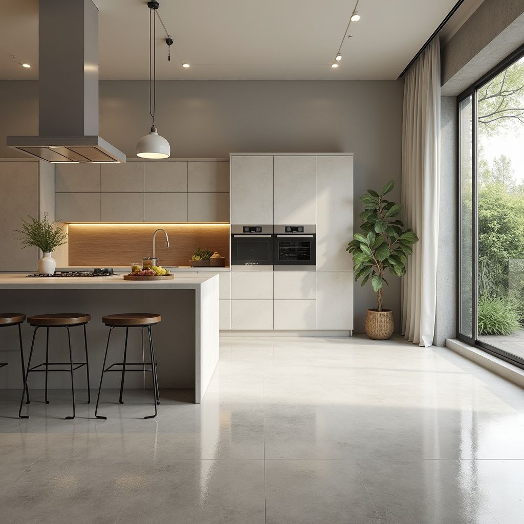 Modern kitchen with white cabinets, island with stools, large window, and a potted plant.