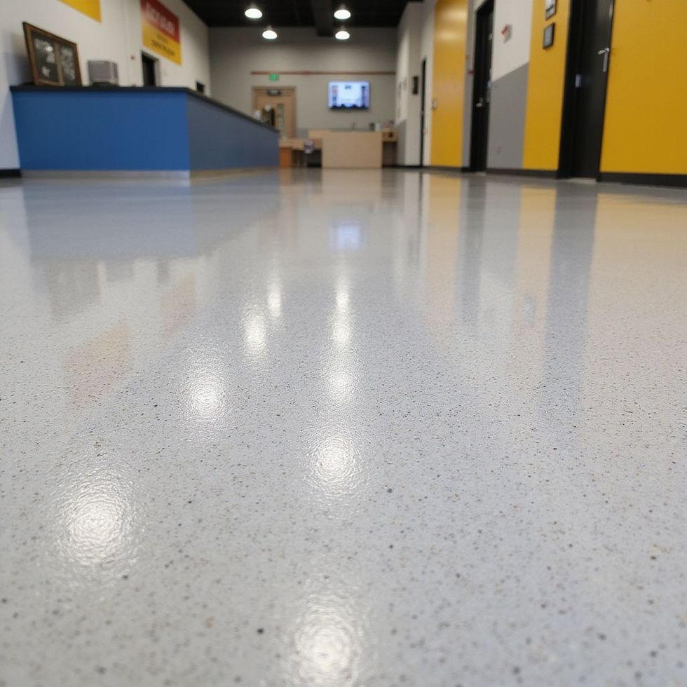 Shiny, speckled white floor in an empty building with yellow, blue, and gray walls.