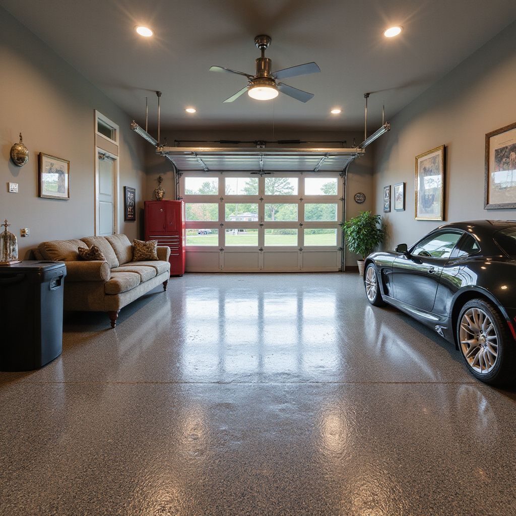 Spacious garage with a black sports car, sofa, red refrigerator, and open glass door; shiny epoxy floor.