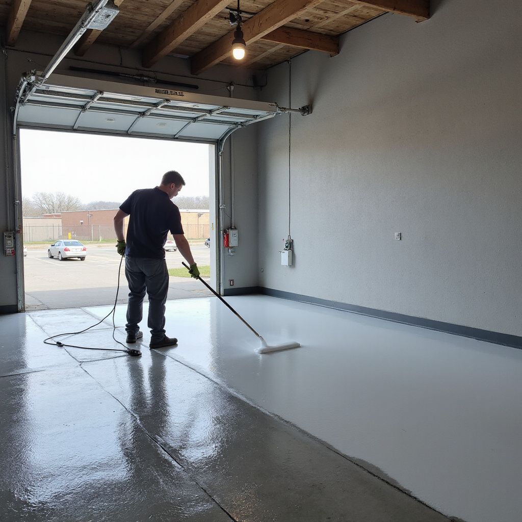 A man in a garage applies a gray epoxy floor coating with a roller.