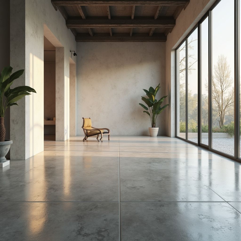 Spacious interior with large windows, concrete floor, potted plants, and a lone chair.