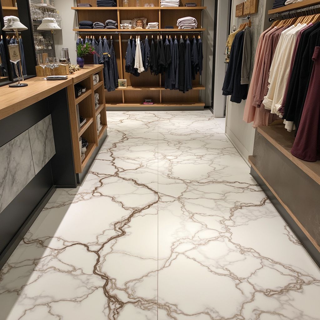 Shop interior with white marble-look tile flooring, wooden shelves displaying clothing and accessories.