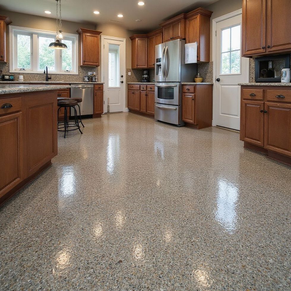 Kitchen with speckled flooring and brown wooden cabinetry. Stainless steel appliances.