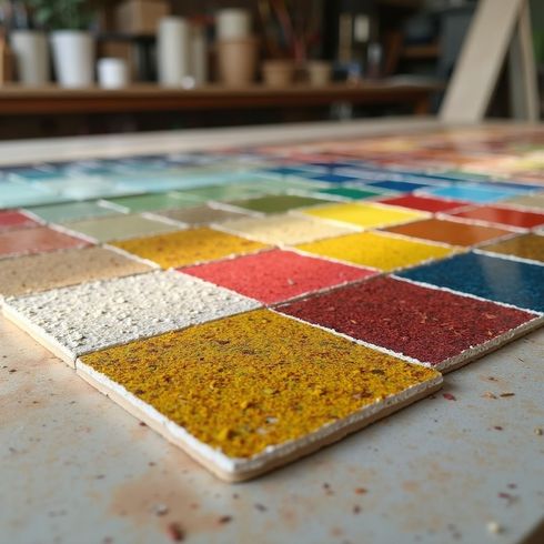 Close-up of a colorful grid of square tiles on a work surface; various textures and shades.