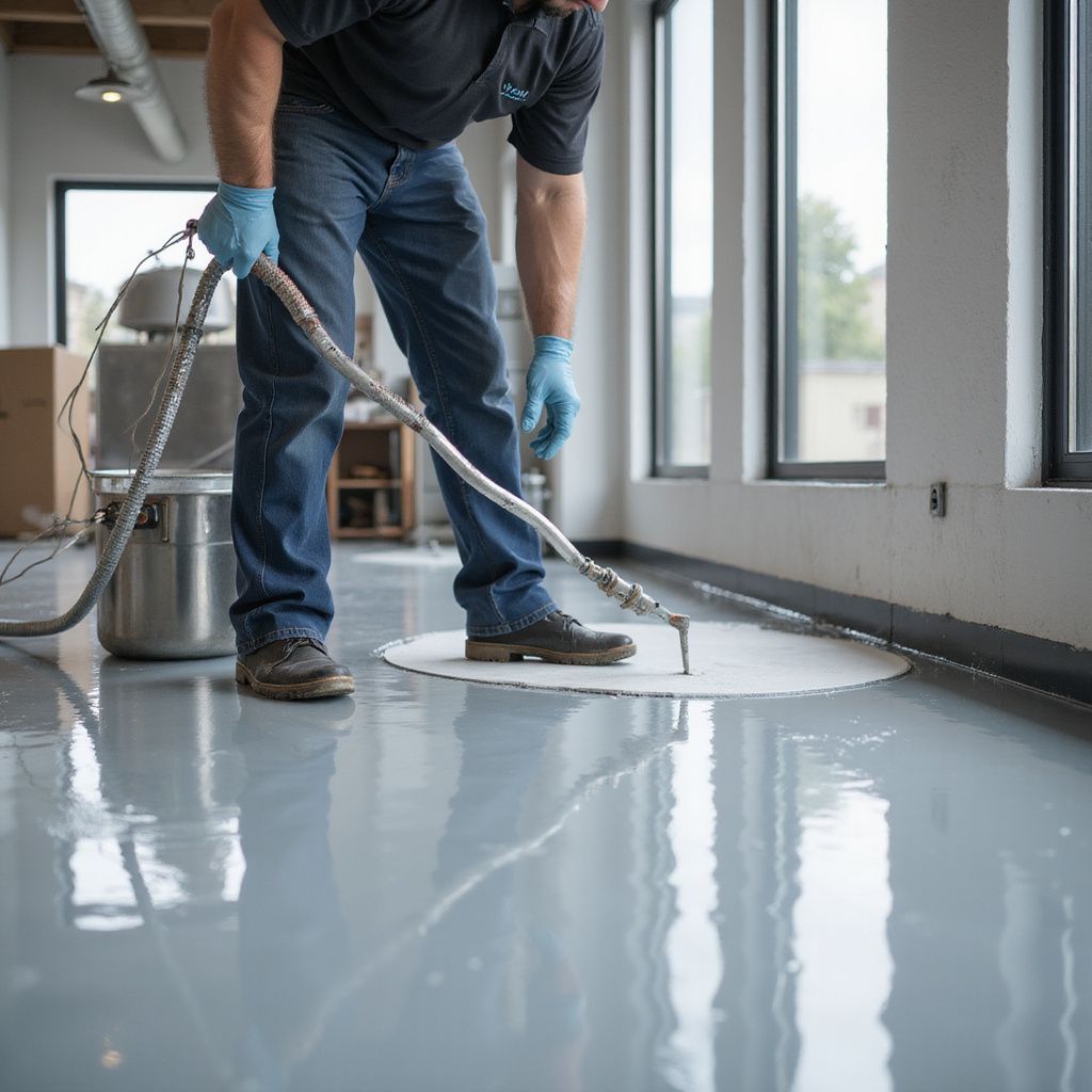 Person applying epoxy flooring with a sprayer inside a room with large windows.