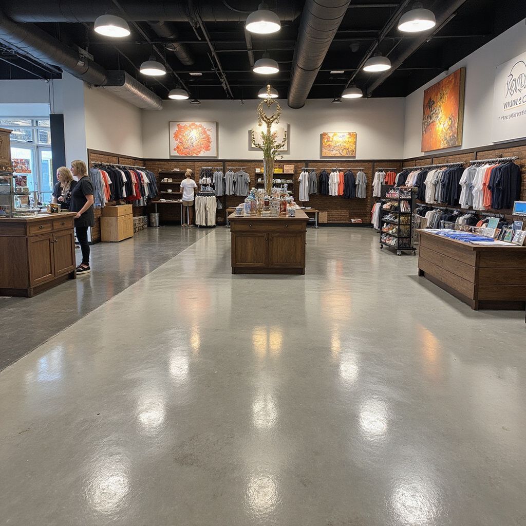 Interior of a retail store: clothing racks, wooden tables, art on walls, shiny concrete floor.