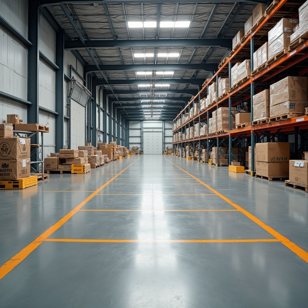 Warehouse interior with rows of stacked cardboard boxes and pallet jacks on a concrete floor.