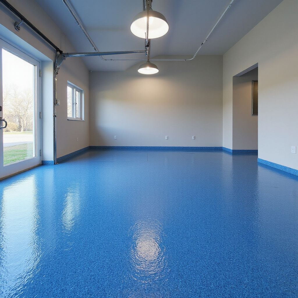 Empty garage with blue epoxy floor, white walls, and two windows.