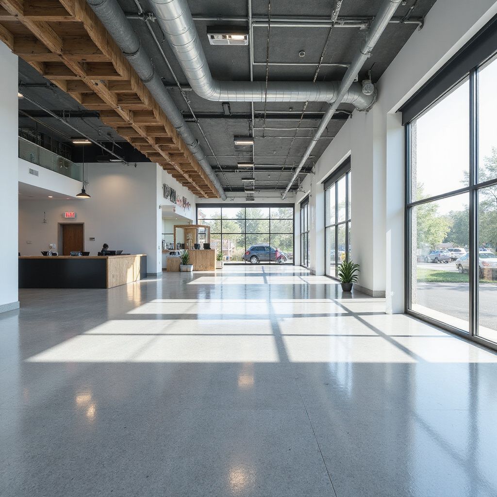 Spacious modern interior with large windows, polished concrete floor, and exposed ductwork.