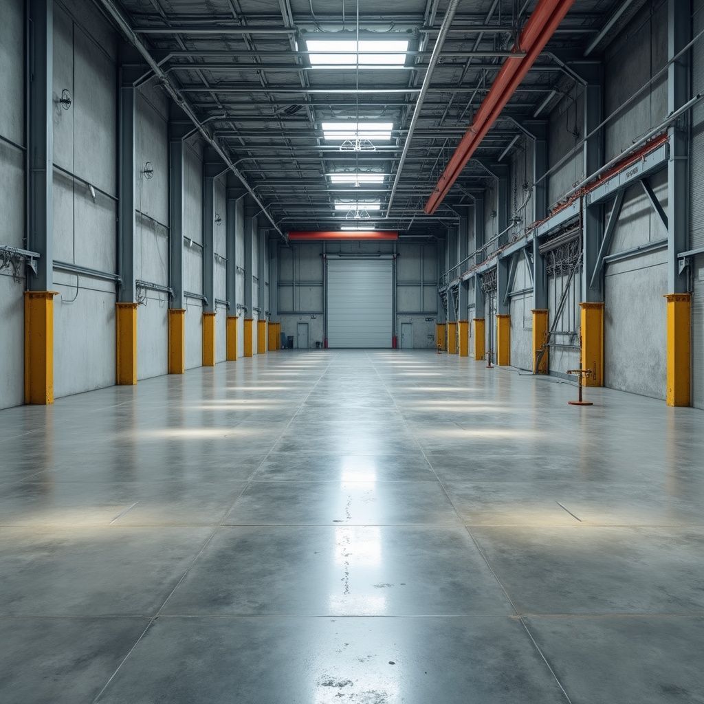 Empty warehouse interior with concrete floor and high ceilings; yellow support columns.