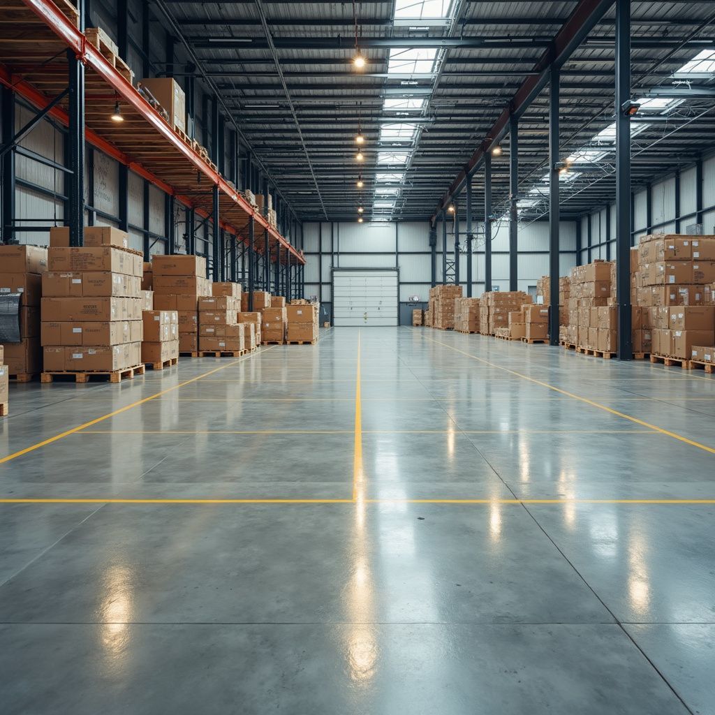 Warehouse interior, stacks of cardboard boxes, concrete floor, metal shelving, overhead lights.