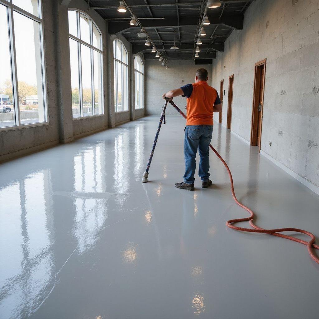 Person applying epoxy flooring in a long, modern hallway with windows and doors; shiny gray floor.