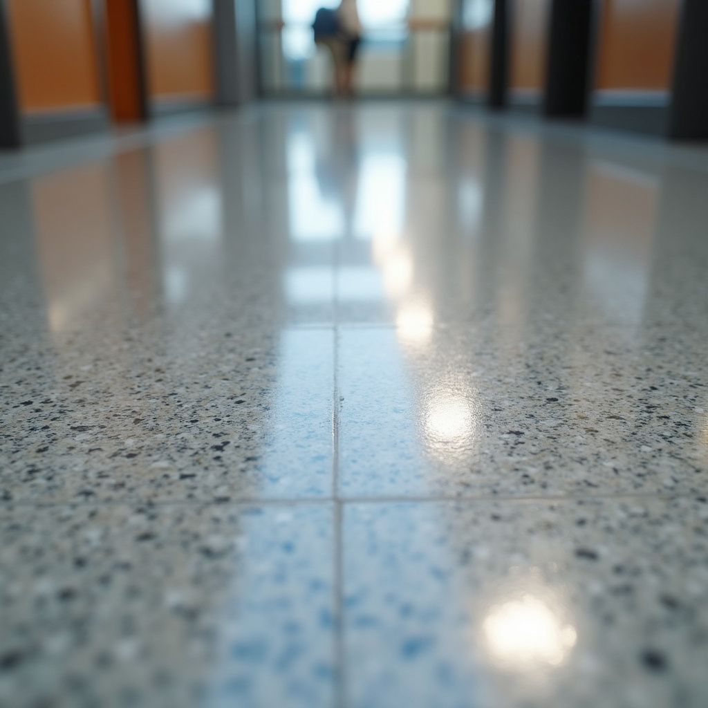 Close-up of a speckled tile floor reflecting overhead lights, leading toward a blurry figure in a doorway.