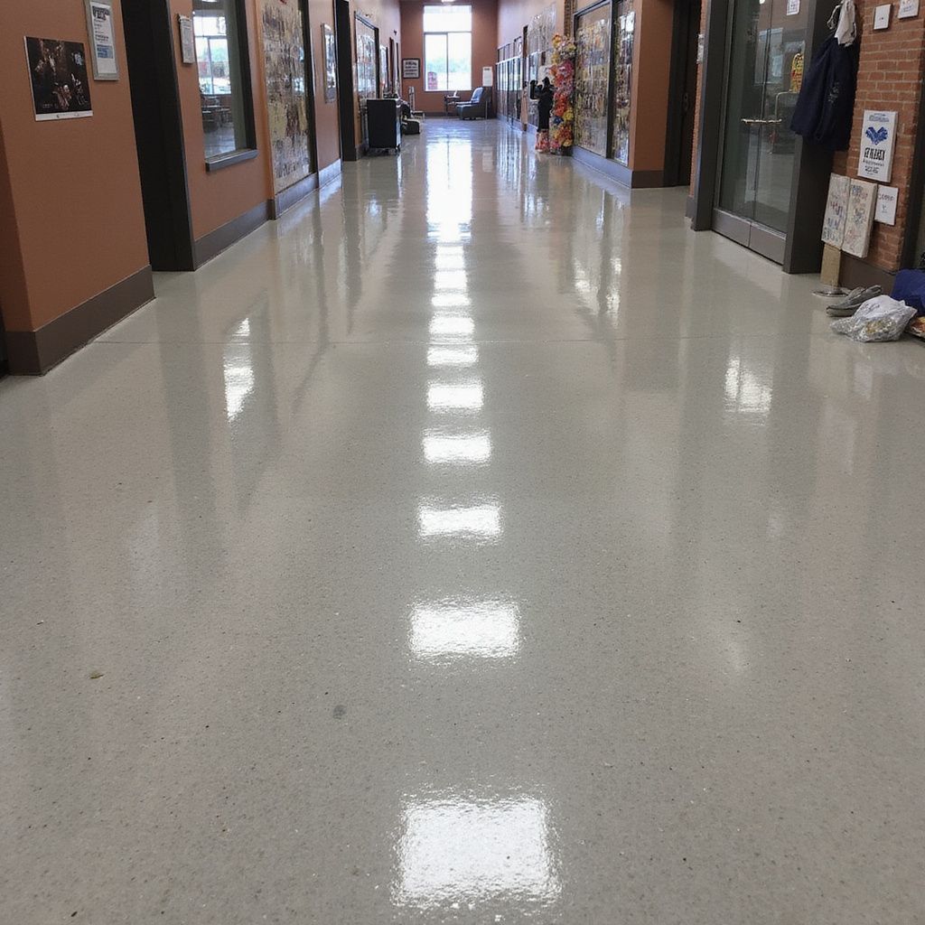 Shiny, light-colored school hallway with reflective floor. Windows and doors line the sides.