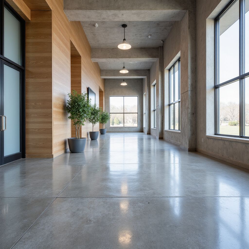 Long hallway with polished concrete floor, plants, large windows, and pendant lights.