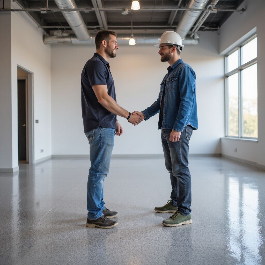 Two men shaking hands in an empty room. One wears a hard hat.