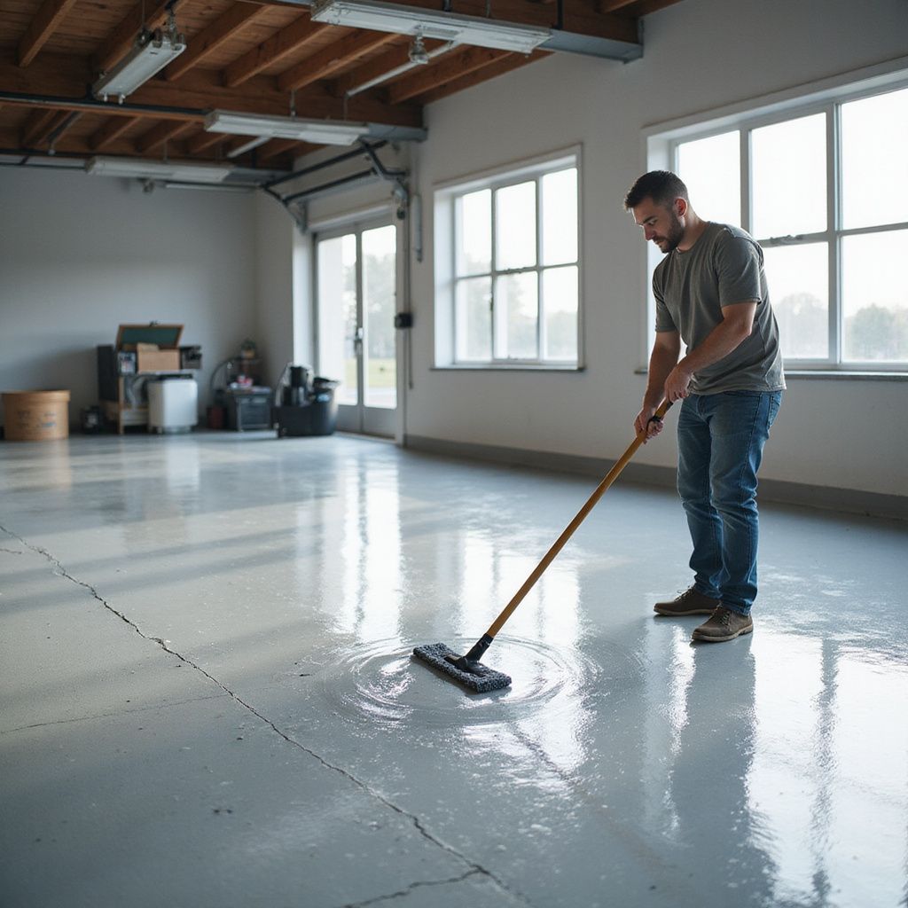 Man mopping a light gray garage floor. Sunlight streams in from windows.