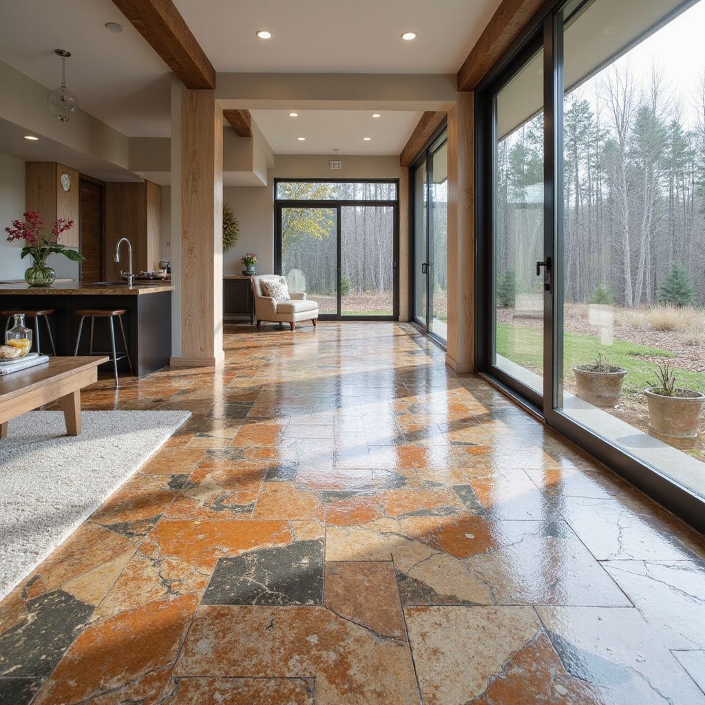 Spacious interior with glossy, colorful tile floor, large windows, and a view of a forest.