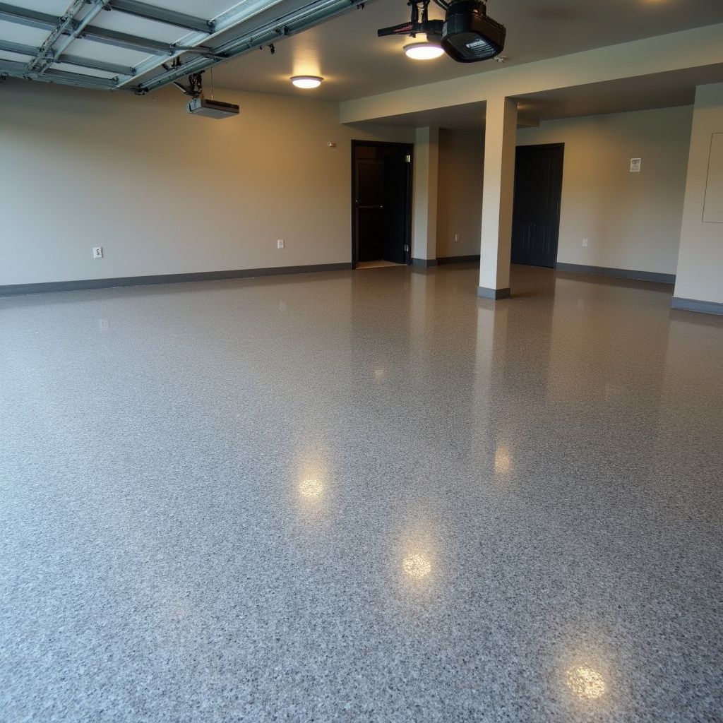 Spacious garage with gray epoxy floor, two black doors, and overhead lighting.