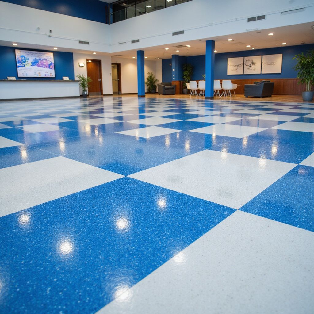 Blue and white checkered floor in a large, open room with seating areas and a reception desk.