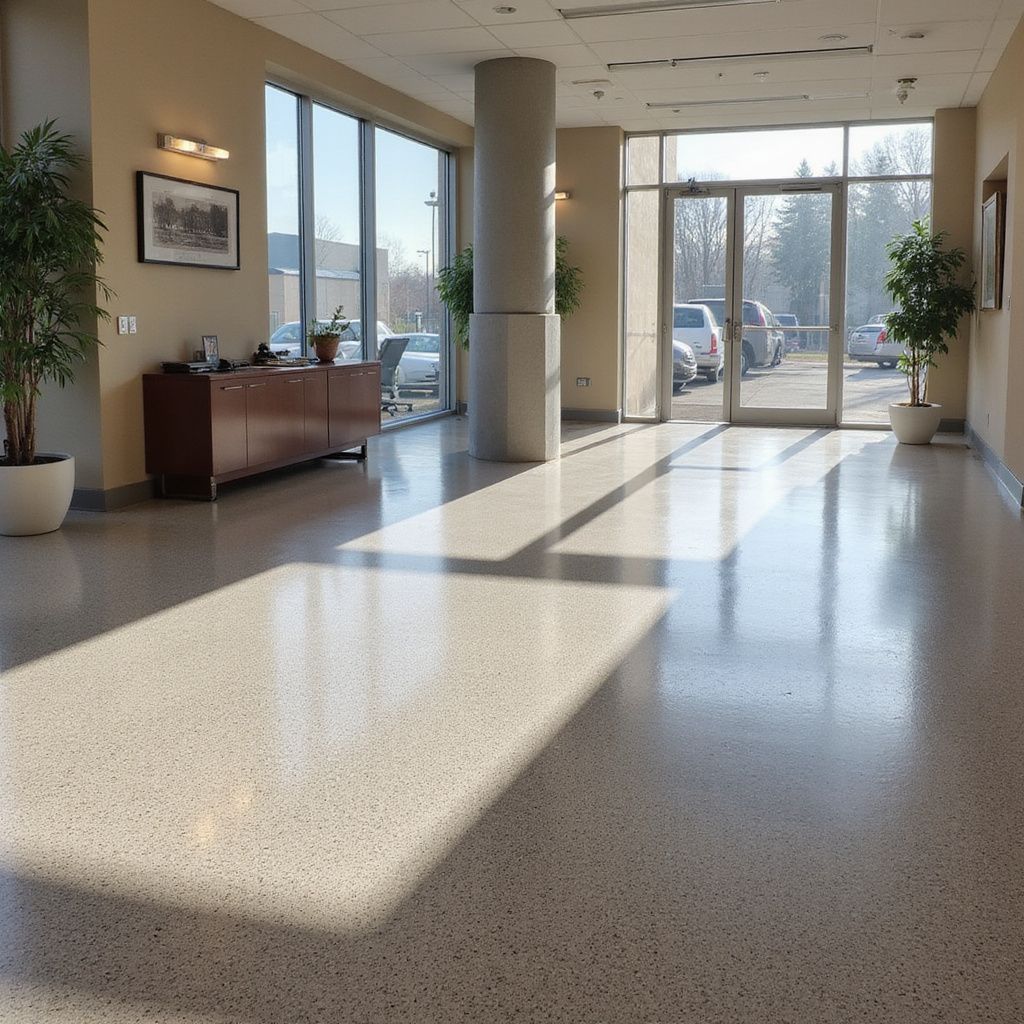 Spacious lobby with polished floor, large windows, and potted plants. Sunlight streams through the glass doors.
