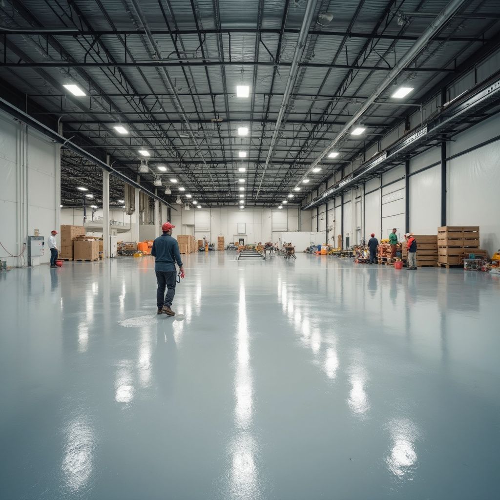Man walks in a large, bright warehouse with shiny gray floors; several people and boxes visible.