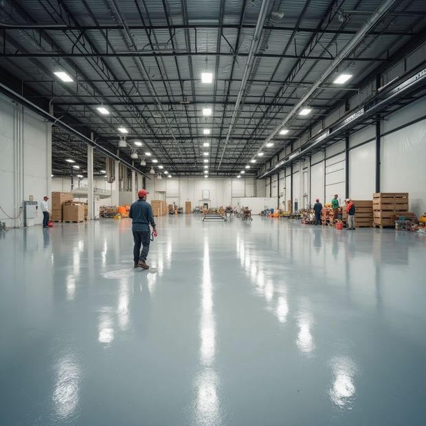 Man walks in a large, bright warehouse with shiny gray floors; several people and boxes visible.