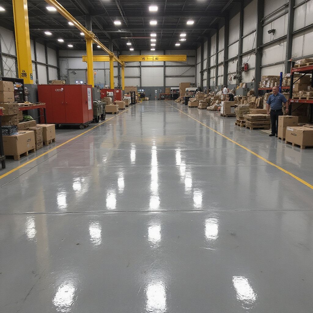 Inside of a warehouse with a shiny gray floor, boxes and equipment are visible.