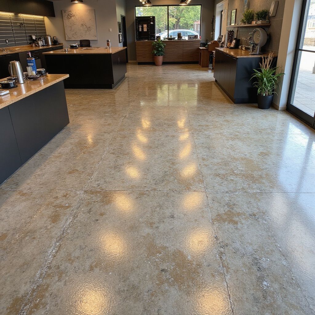 Interior view of a modern commercial space with polished concrete floors, dark counters, and large windows.