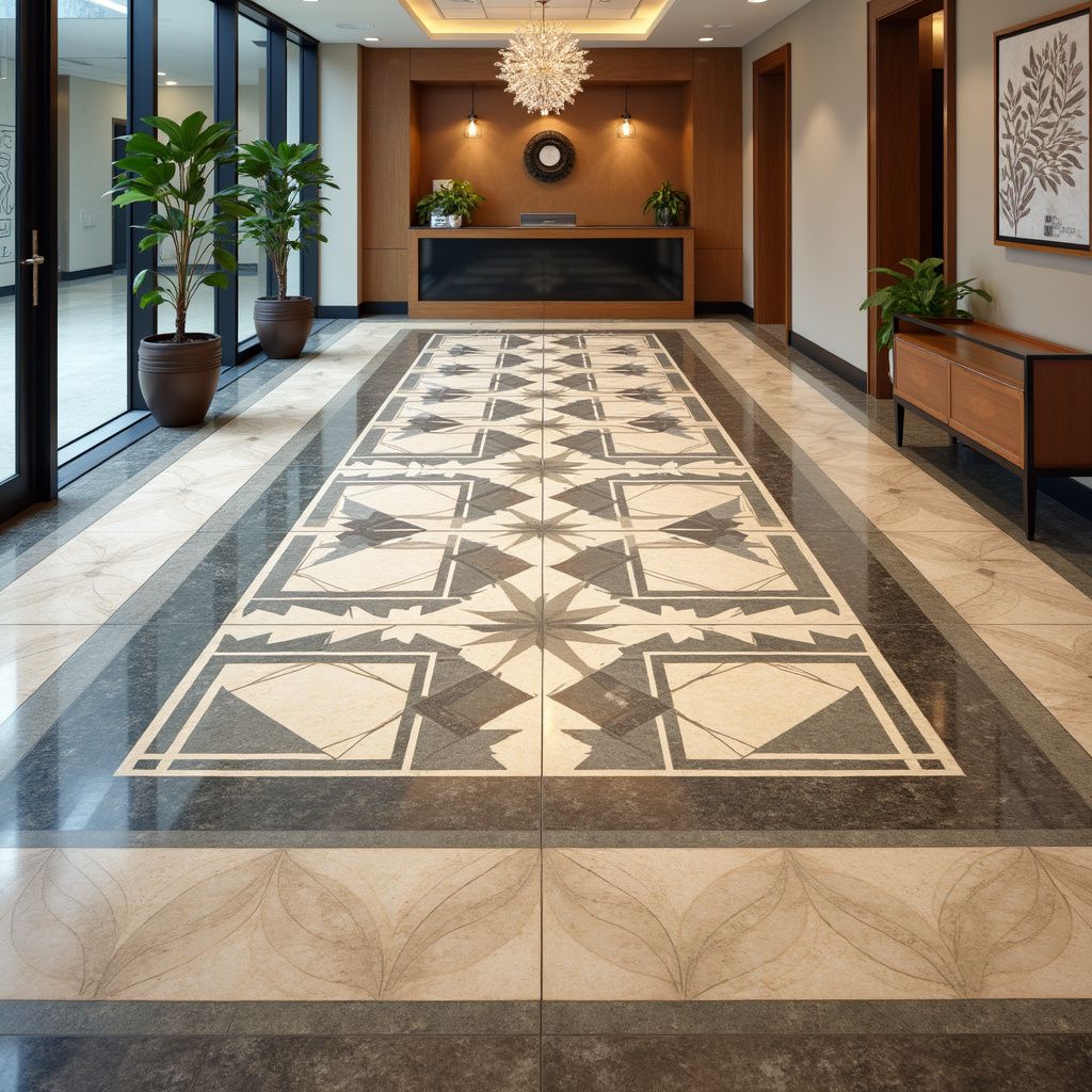 Long hallway with patterned floor, front desk, plants, and artwork.