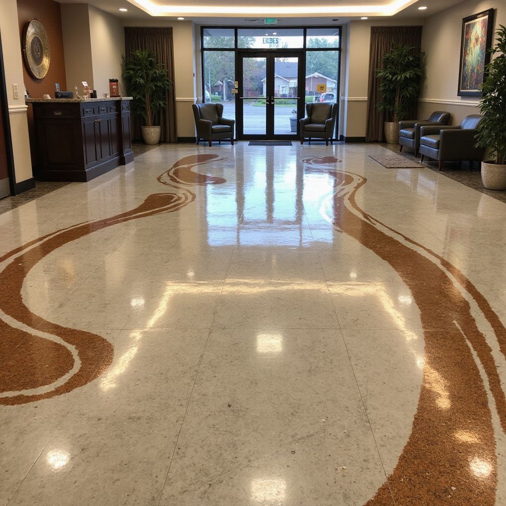 Hotel lobby with polished concrete floor and brown river-like design. Entry doors and seating.