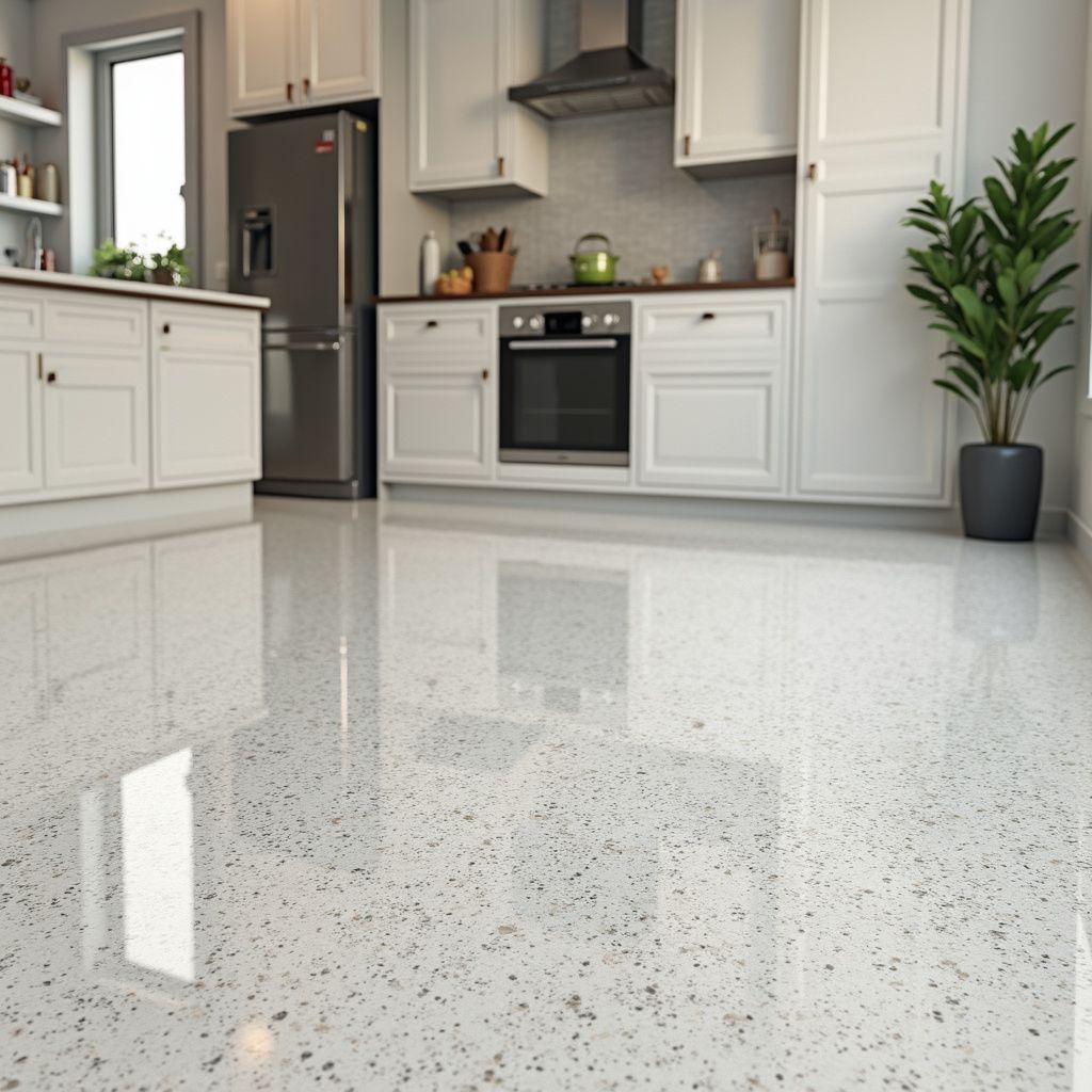 A bright kitchen with white cabinets, stainless steel appliances, and a shiny terrazzo floor.