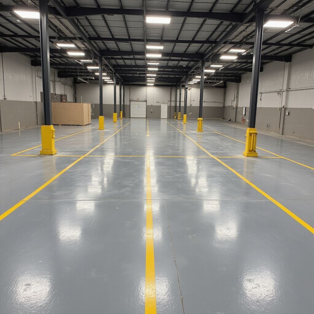 Empty warehouse interior with grey floor, yellow lines, support beams, and bright overhead lights.