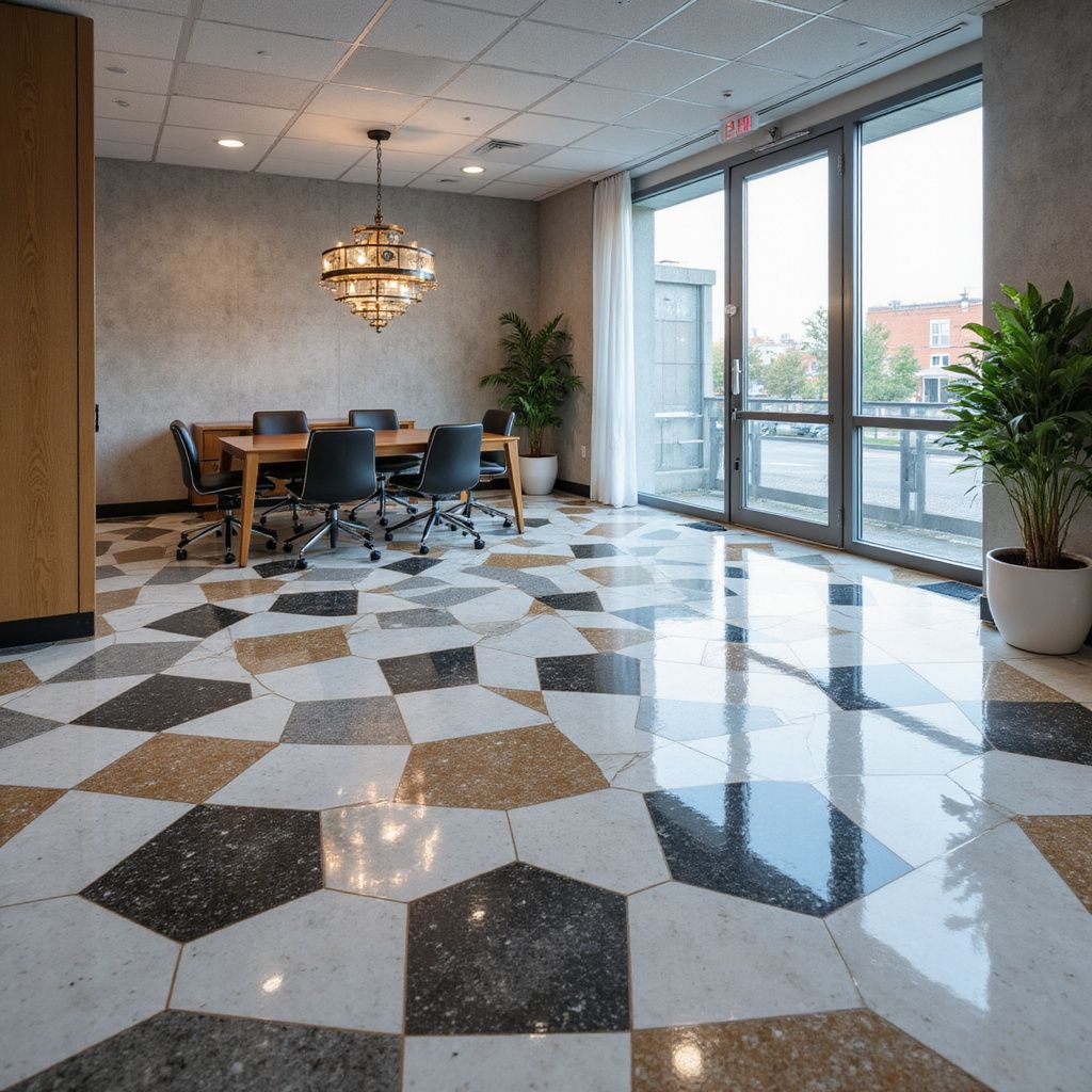 Meeting room with geometric patterned floor, table, chairs, plants, and large glass doors.