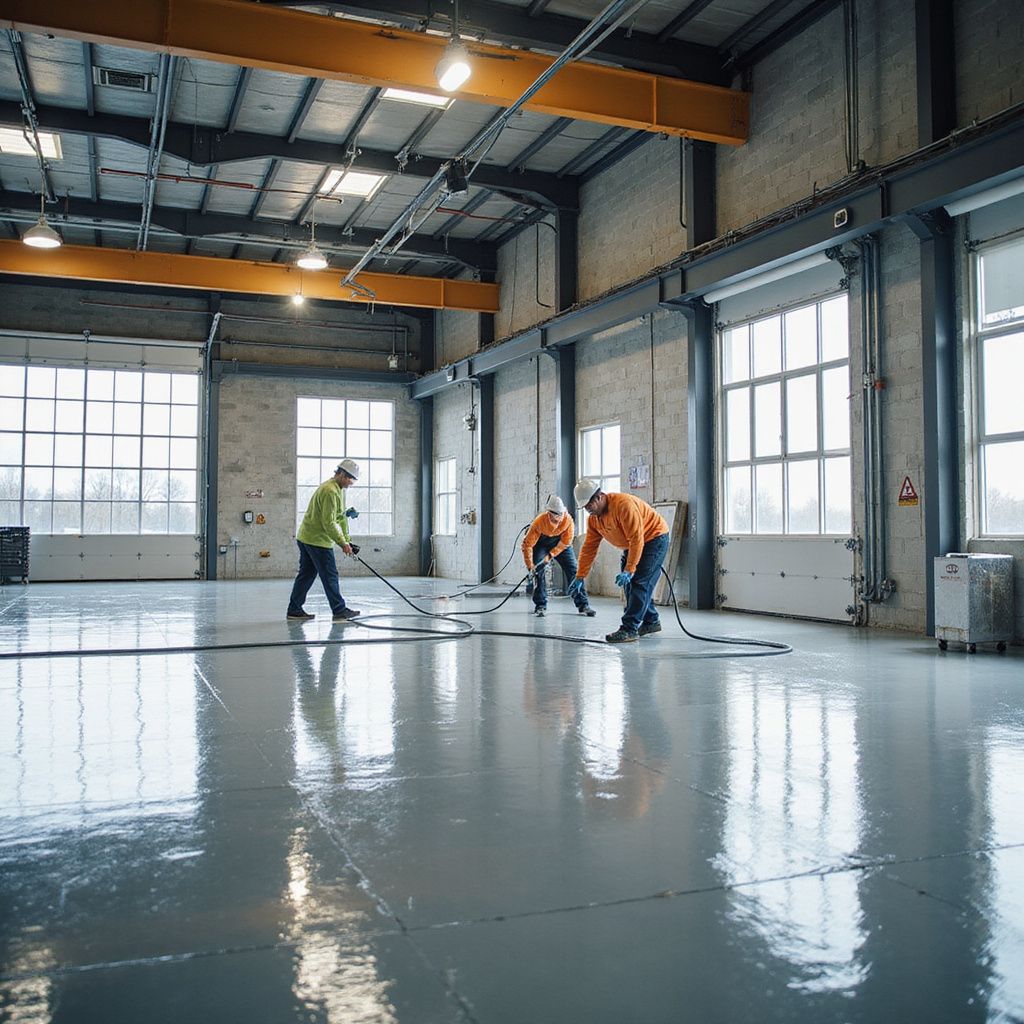 Workers in a warehouse applying gray epoxy flooring, wearing safety gear.