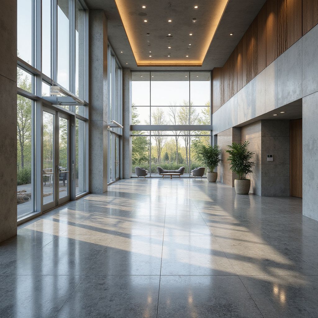 Modern lobby with large windows, concrete pillars, and potted plants, flooded with sunlight.