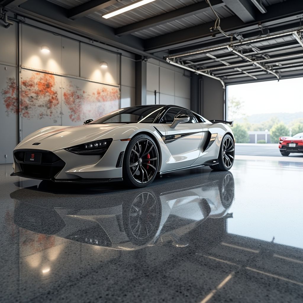 White sports car in a garage with a glossy floor, another red car is in the background.