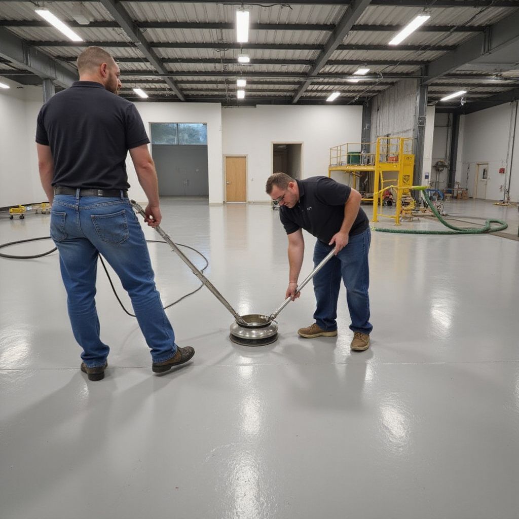 Two men using a floor buffer to clean a gray epoxy floor in a large industrial building.