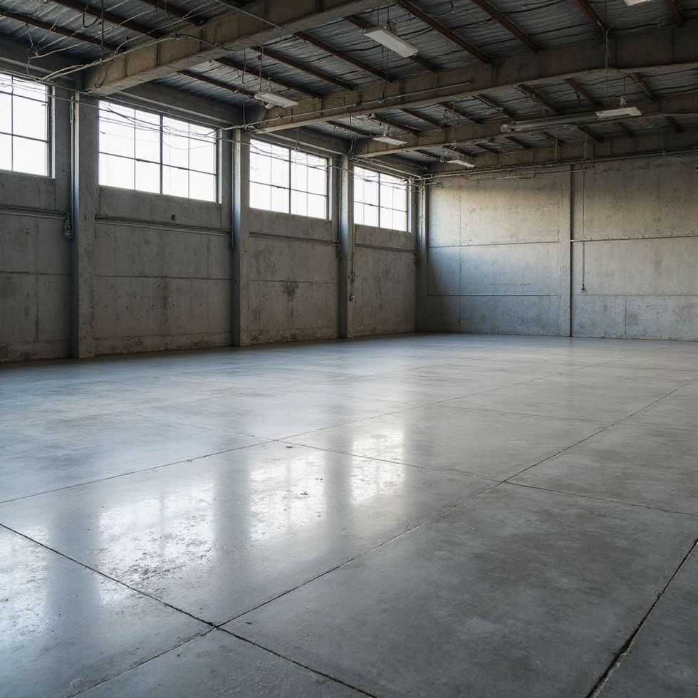 Empty industrial warehouse with concrete floors and walls; sunlight through windows.