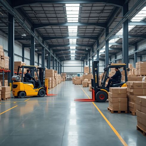 Two forklifts in a warehouse loading and moving boxes. Workers are present.