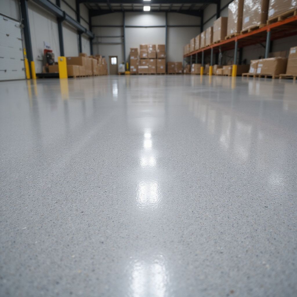 Shiny gray concrete warehouse floor with boxes and shelving in the background.