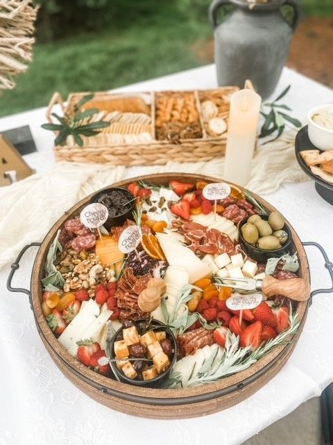 A tray of food is sitting on a table.