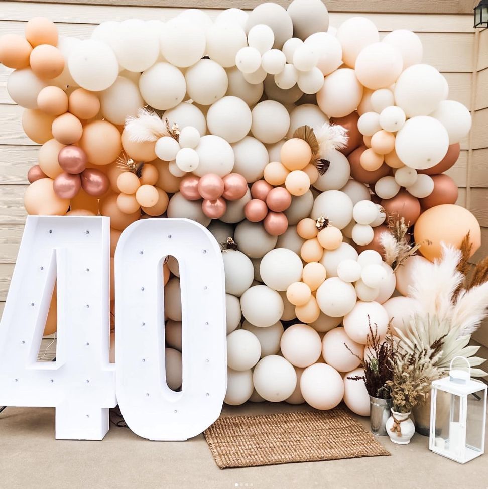 The number 40 is surrounded by balloons and flowers