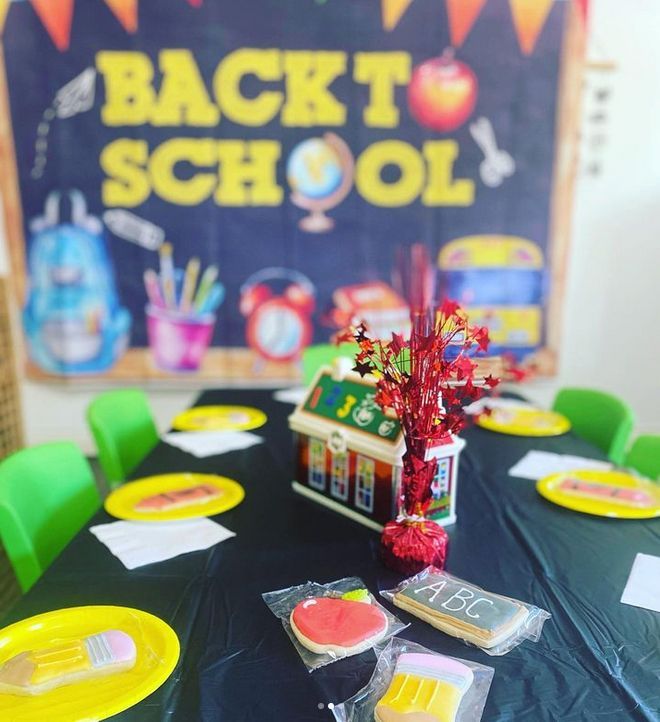 A table set up for a back to school party