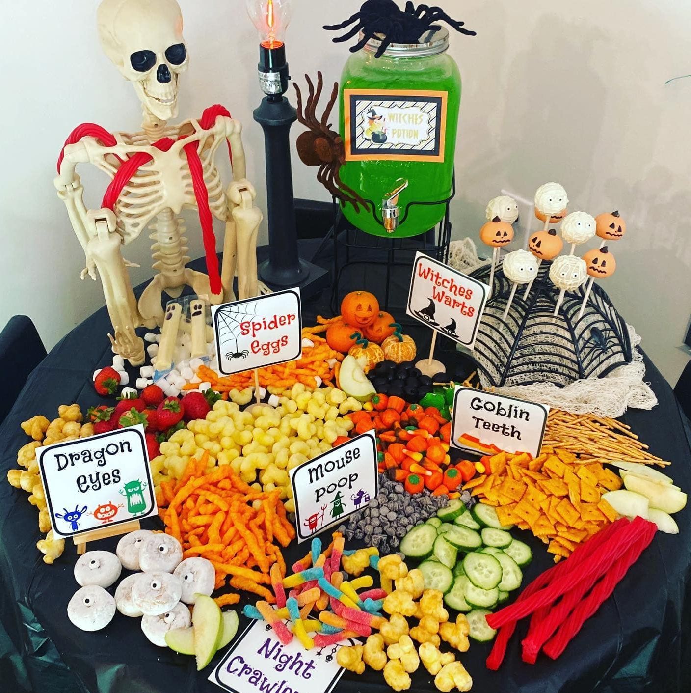A table with a skeleton and a variety of food on it