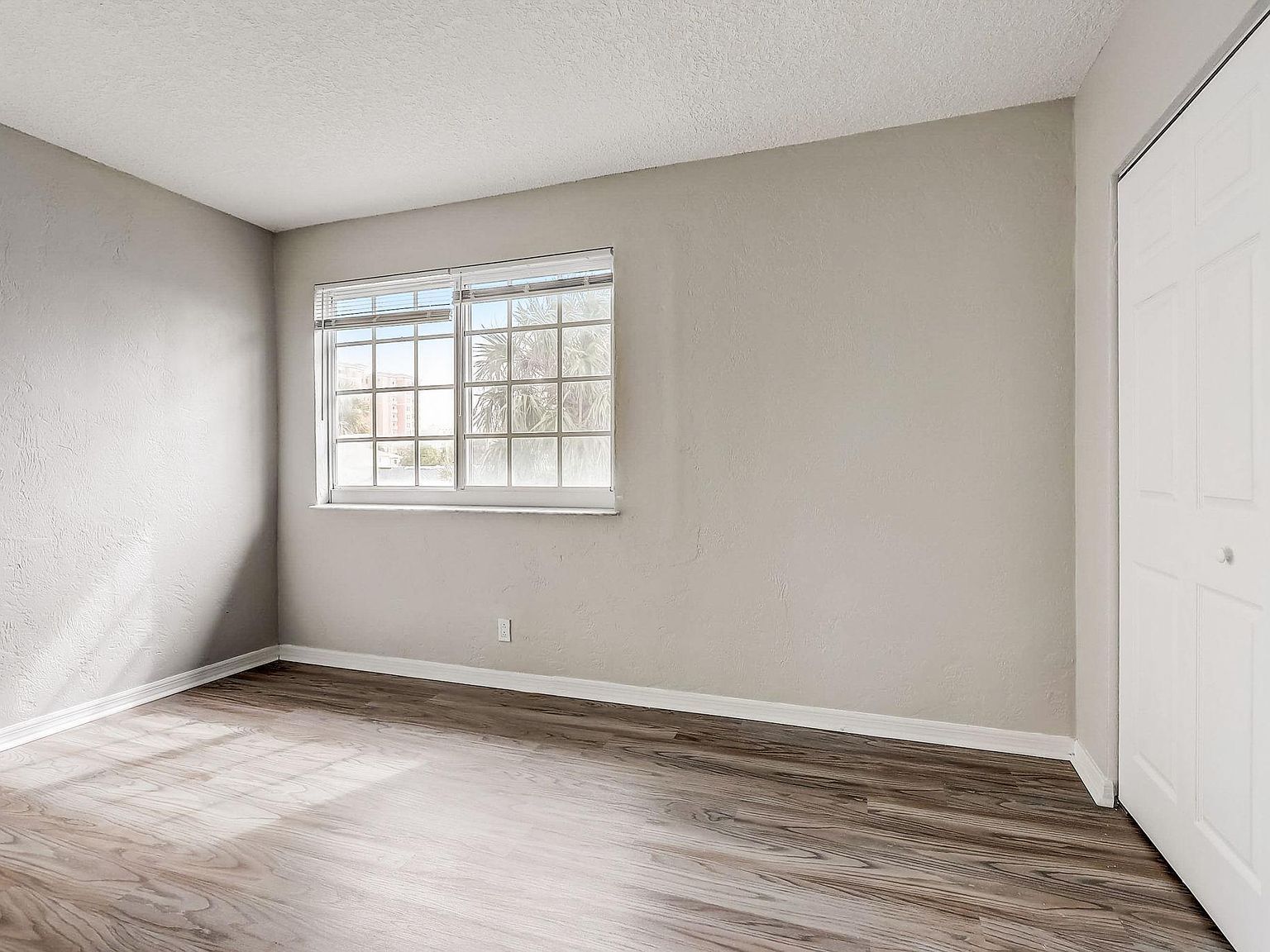 Empty room with gray walls, window, white closet doors, and wood-look flooring.